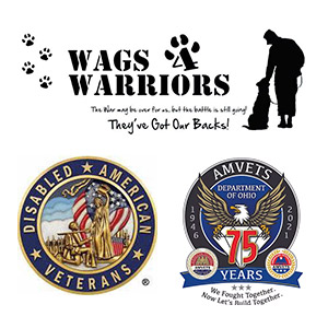 Wags 4 Warriors logo, Dsabled American Veterans seal, and AMVETS seal