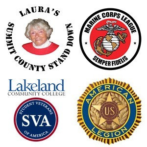 Laura's Summit County Stand Down for Homless and Displaced Veterans logo, Marine Corps League Semper logo, Lakeland Community College SVA logo, and the American Legion seal