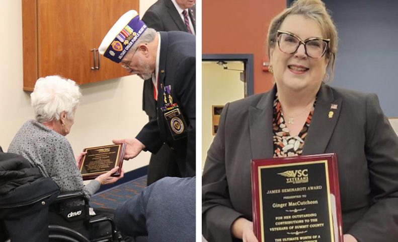 Left: Larry Emery presenting Donald Lloyd’s Veteran of the Year award to his long-term partner. Right: 2021 Veteran of the Year recipient Ginger MacCutcheon.