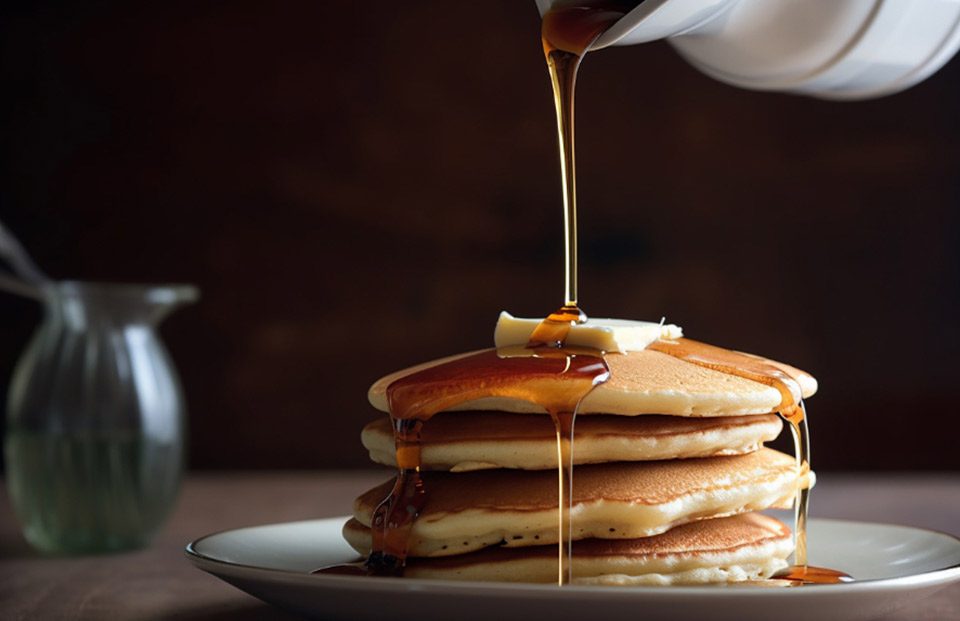 Stack of pancakes being covered by syrup.
