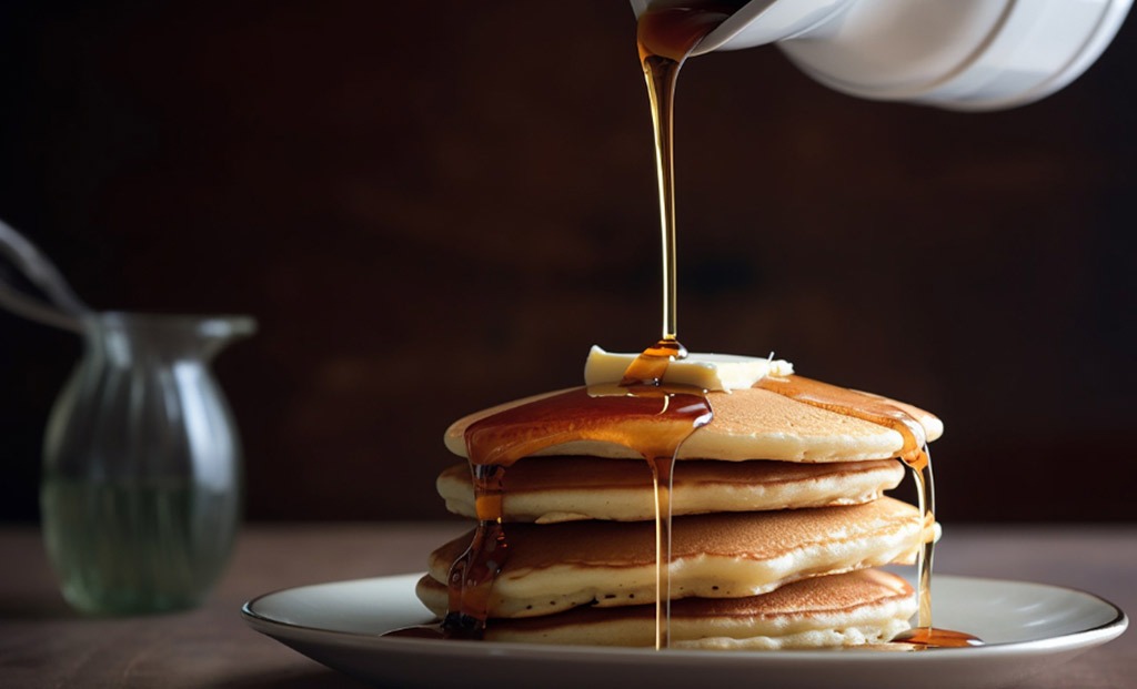 Stack of pancakes being covered by syrup.