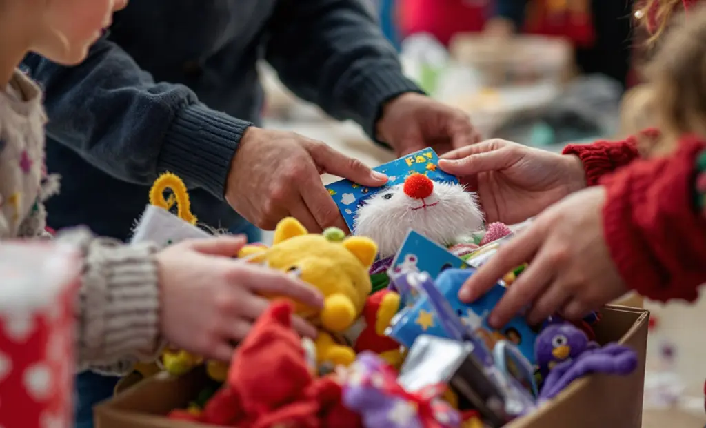 People donating unwrapped toys and gifts and placing them into a box.
